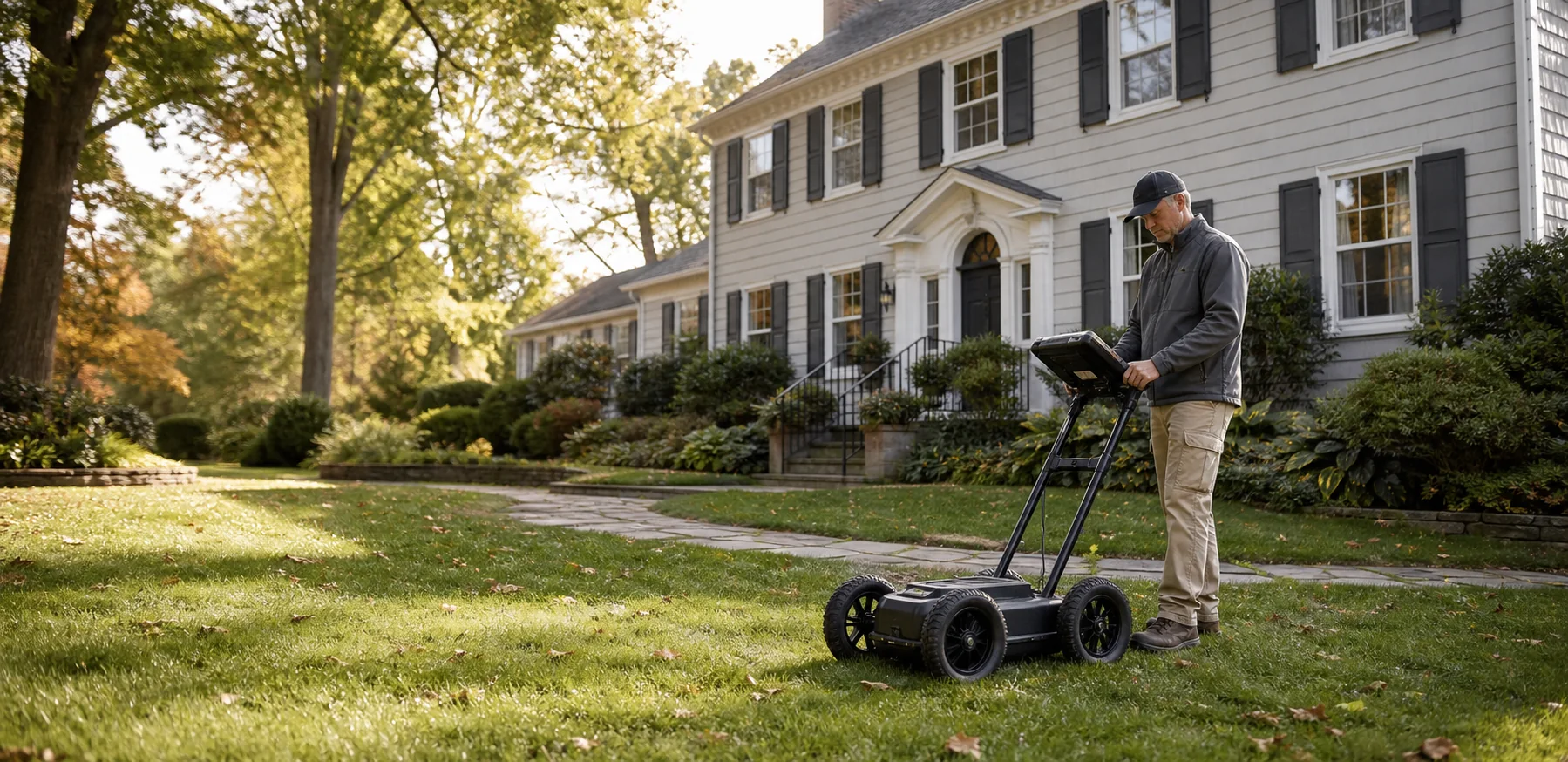 Environmental technician performing a residential oil tank sweep at an Essex County home
