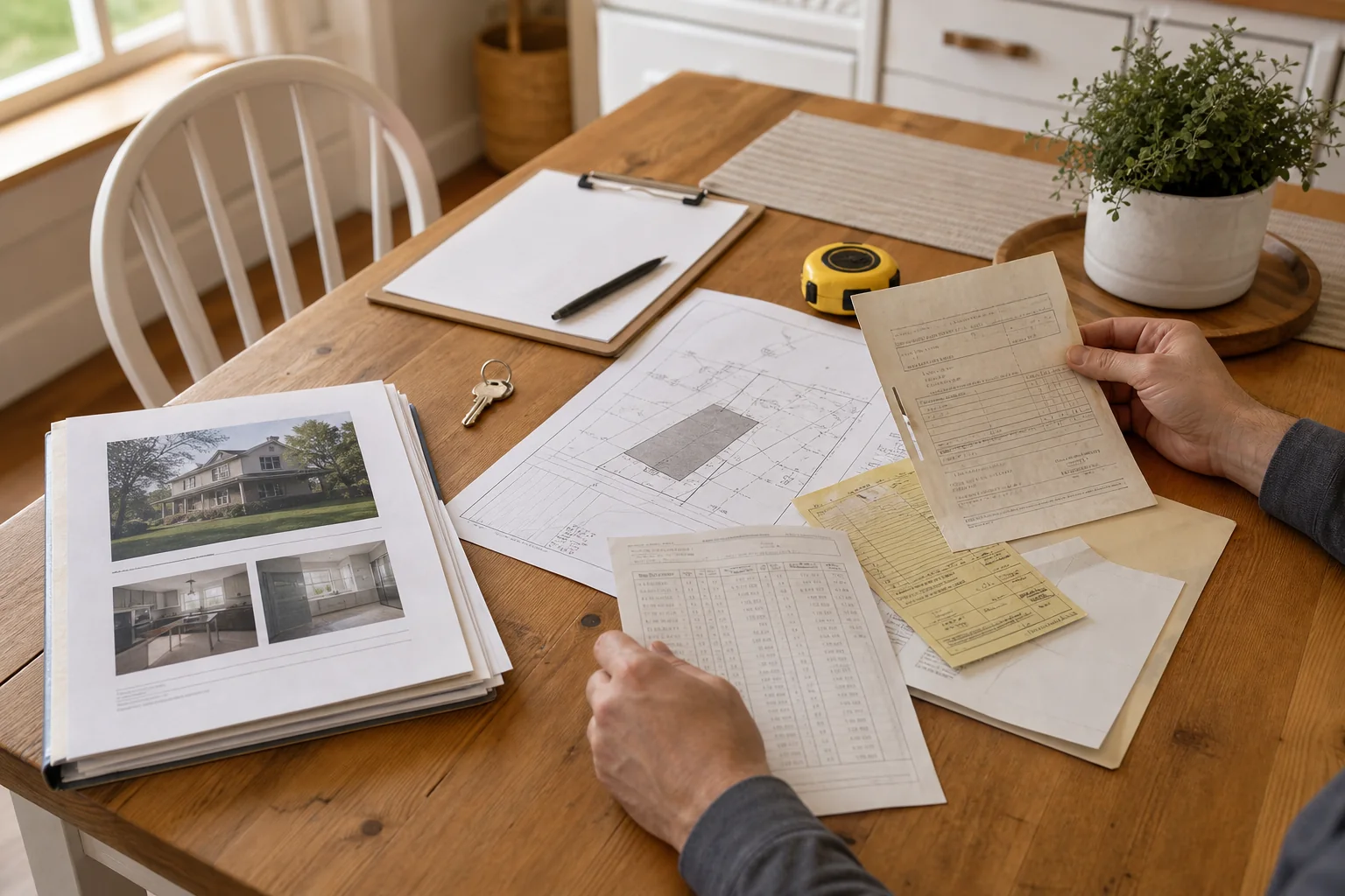Homebuyer reviewing property records and an inspection checklist before an oil tank sweep