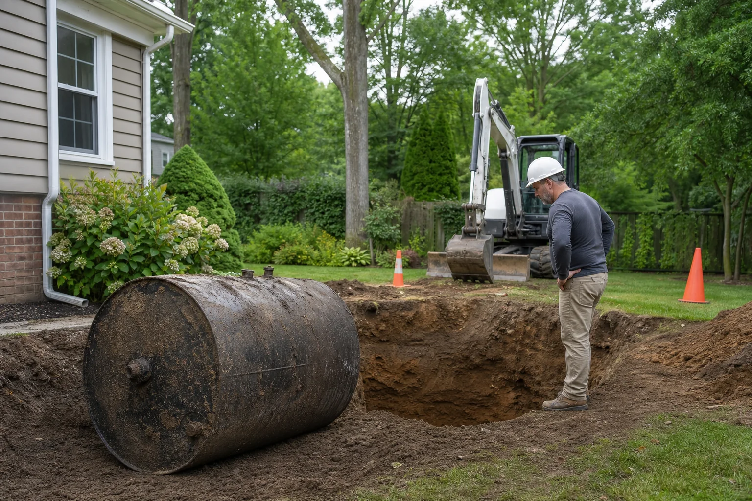 Residential heating-oil tank removal worksite with excavation and safety equipment